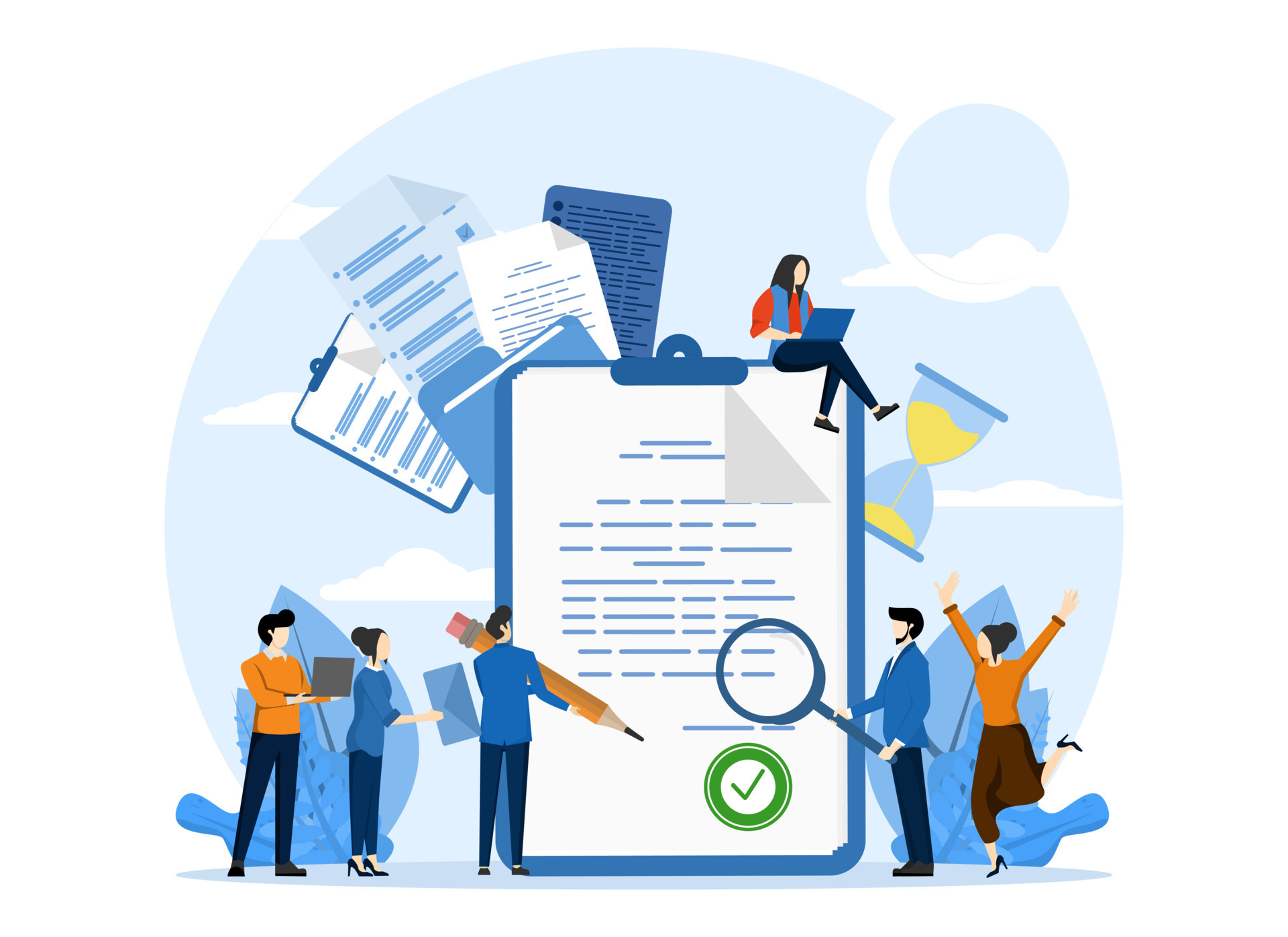 business team with approved documents project completed work done or done test option approved document checked illustration concept for web page banner social media vector